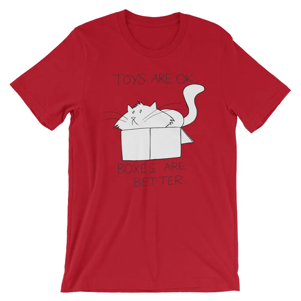 CHUM THE CAT "BOXES ARE BETTER" Hand drawn design. Short-Sleeve Unisex T-Shirt