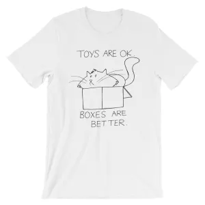 CHUM THE CAT "BOXES ARE BETTER" Hand drawn design. Short-Sleeve Unisex T-Shirt