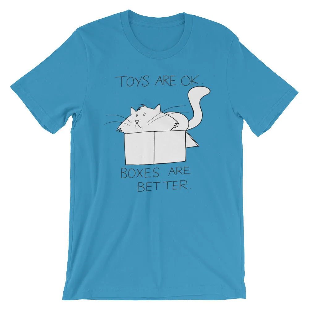 CHUM THE CAT "BOXES ARE BETTER" Hand drawn design. Short-Sleeve Unisex T-Shirt