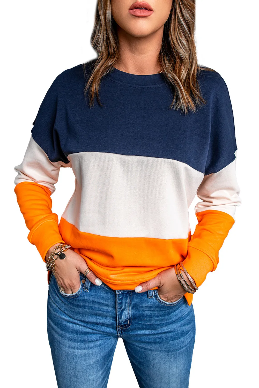 Colorblock Orange Contrast Stitching Sweatshirt with Slits