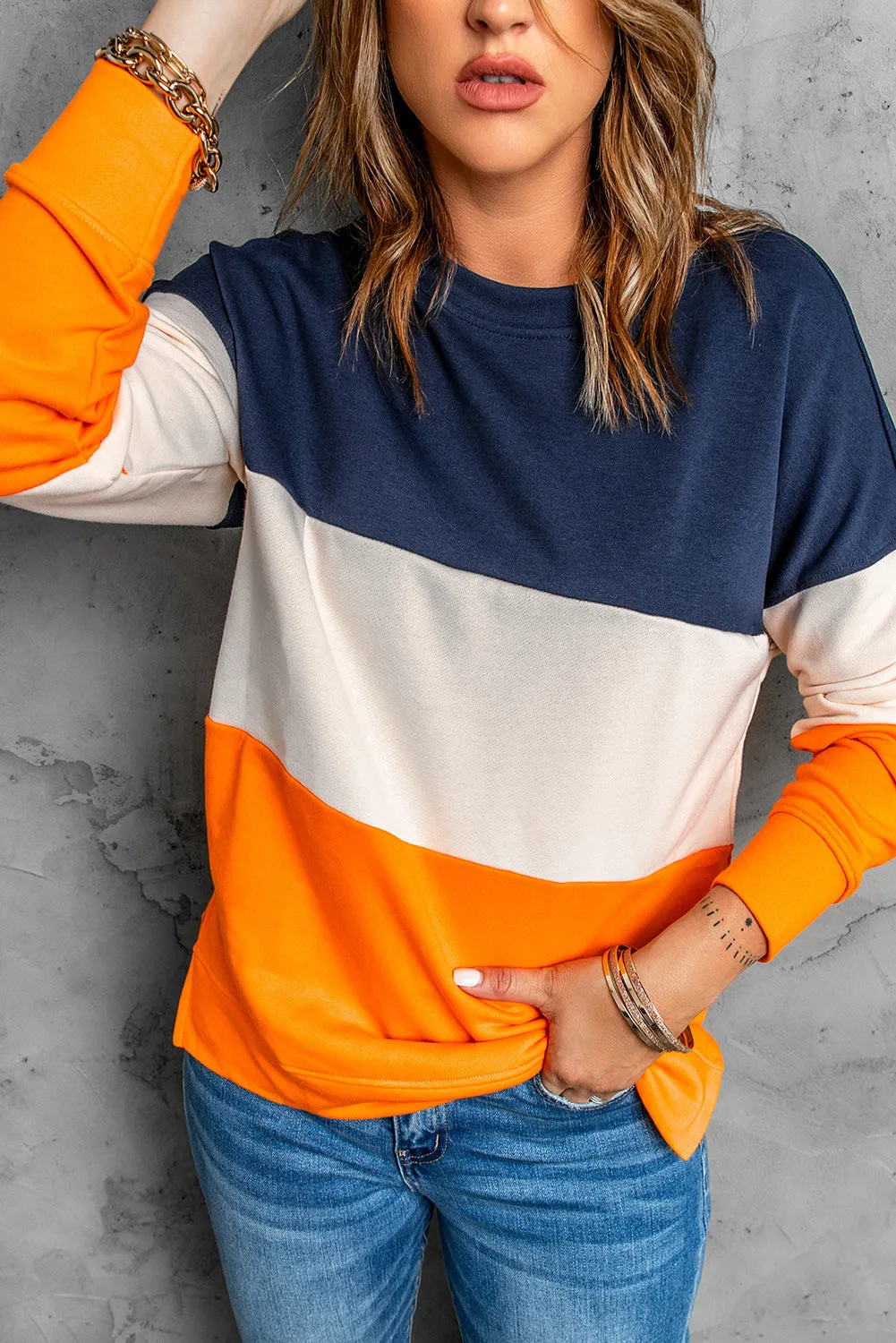 Colorblock Orange Contrast Stitching Sweatshirt with Slits