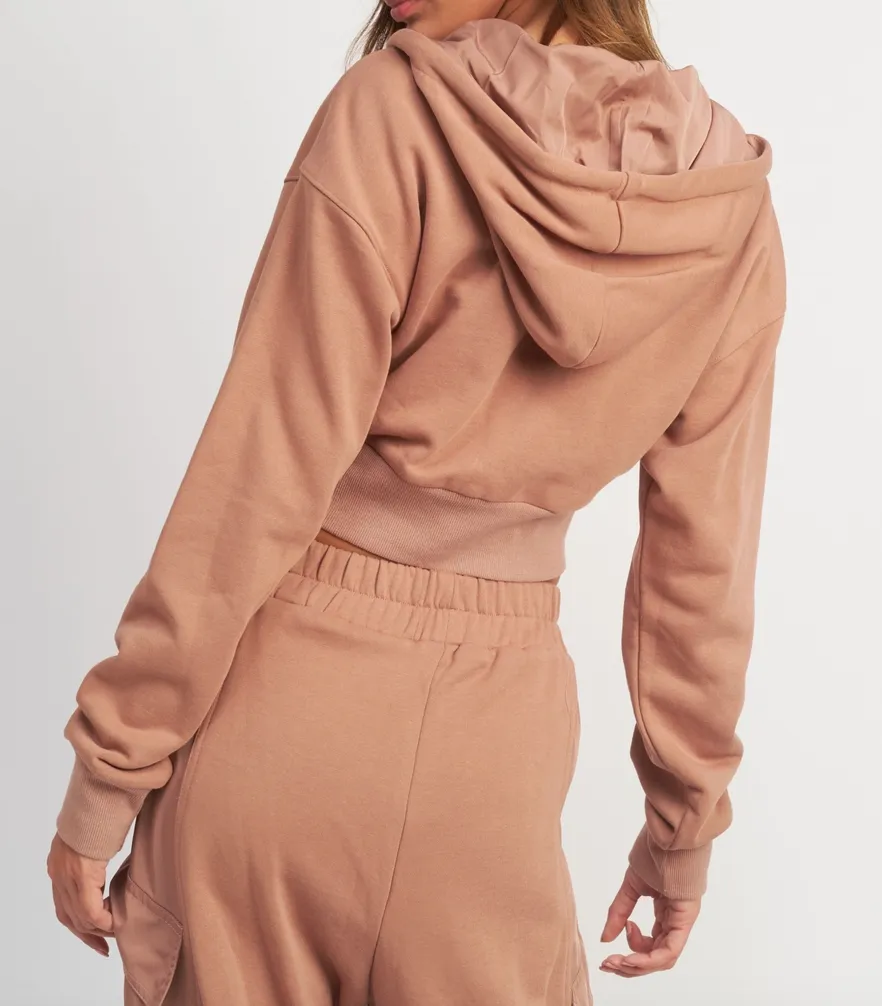 Contrasted Cropped Zip Up Hoodie