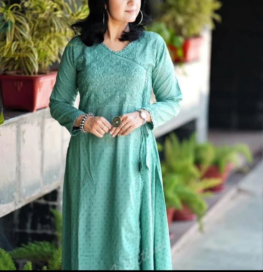 Cotton Angrakha Kurti with Chikankari Work (White)