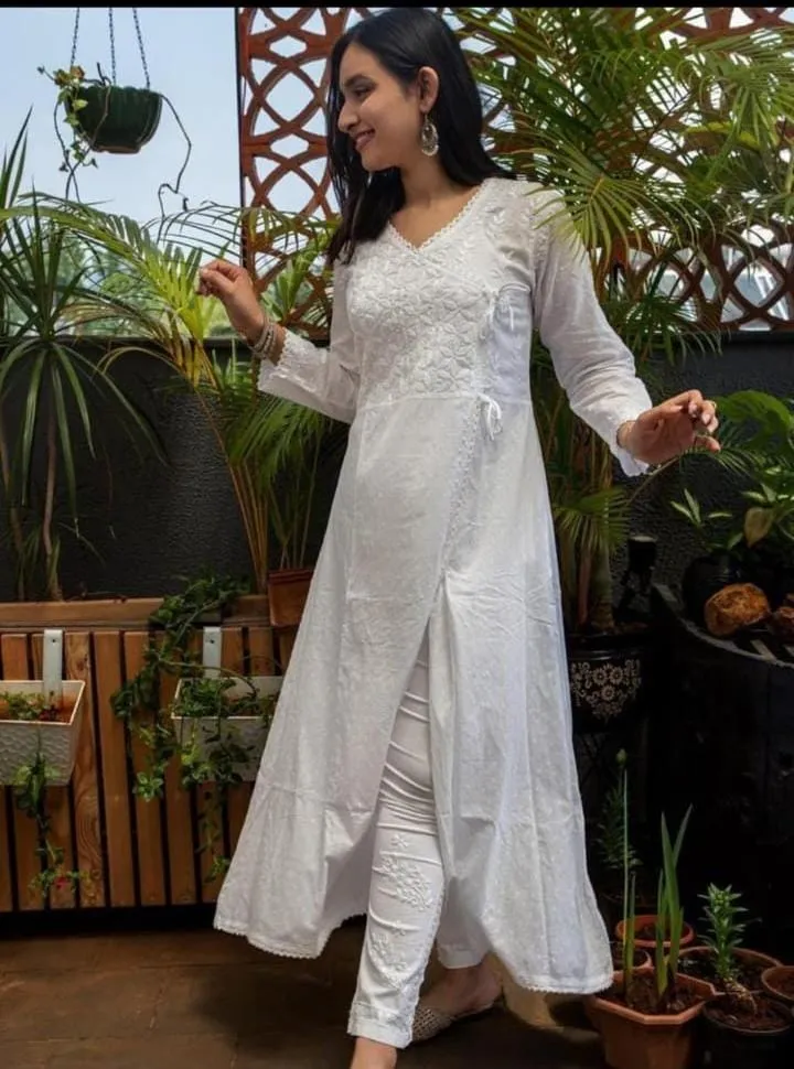 Cotton Angrakha Kurti with Chikankari Work (White)