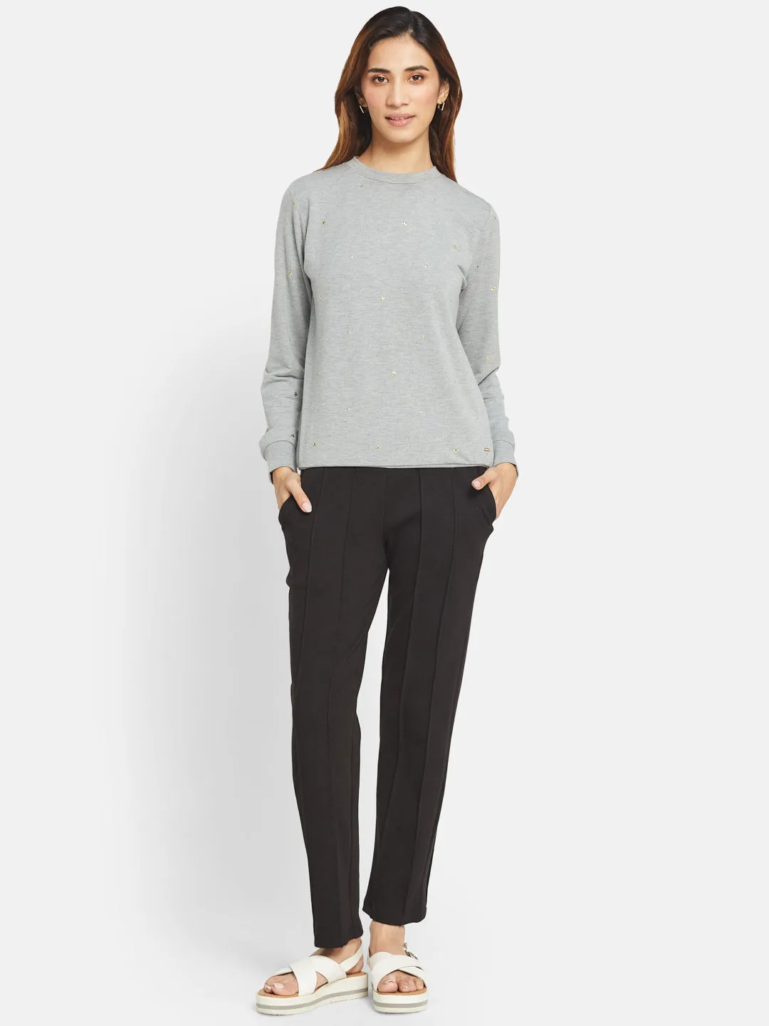 COTTON RICH STAR STUDDED SWEATSHIRT- HEATHER GREY