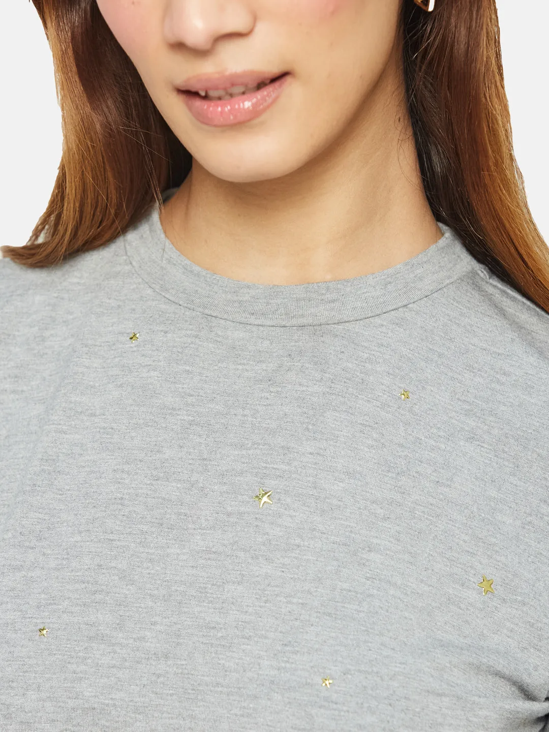 COTTON RICH STAR STUDDED SWEATSHIRT- HEATHER GREY