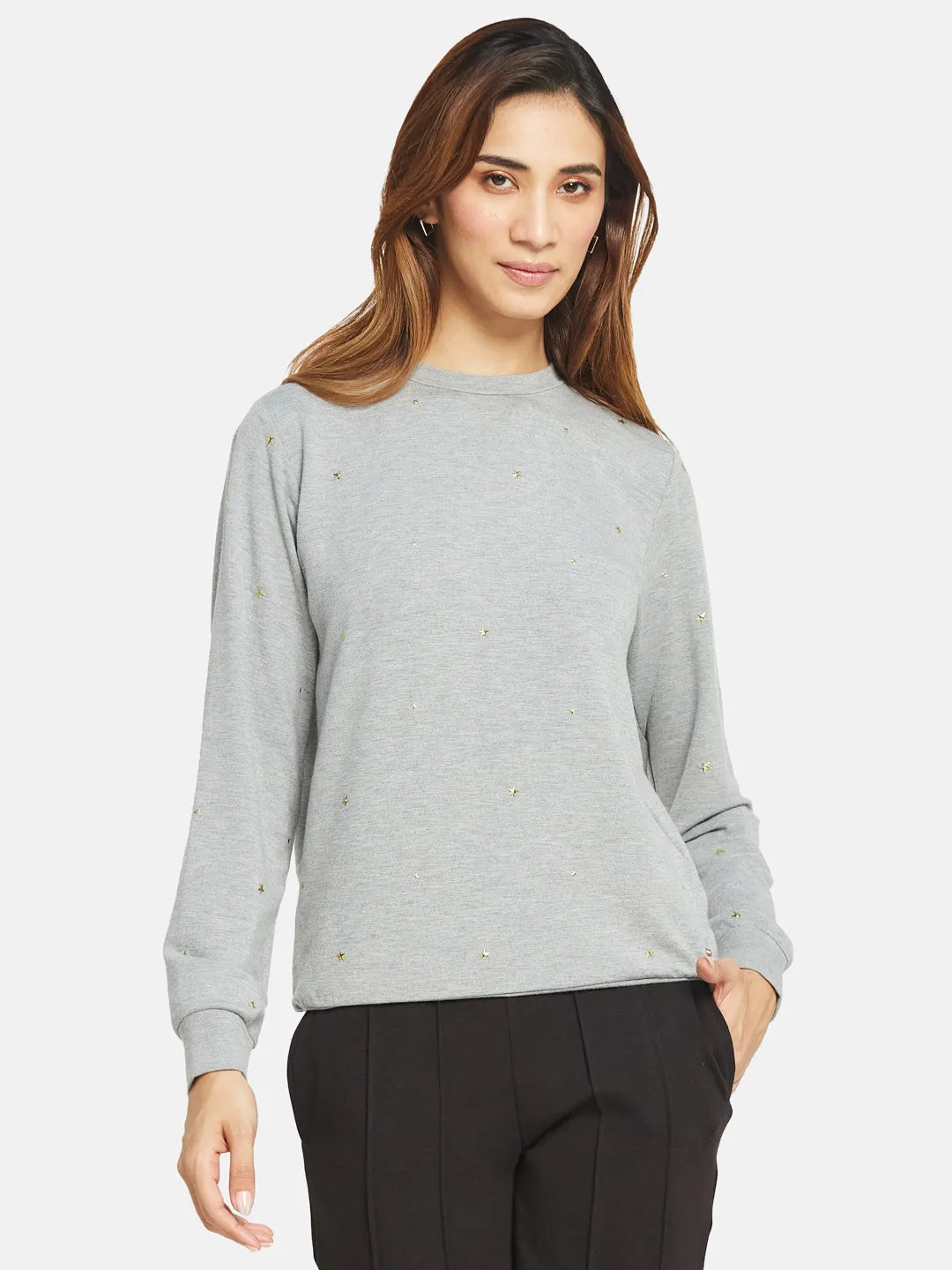COTTON RICH STAR STUDDED SWEATSHIRT- HEATHER GREY