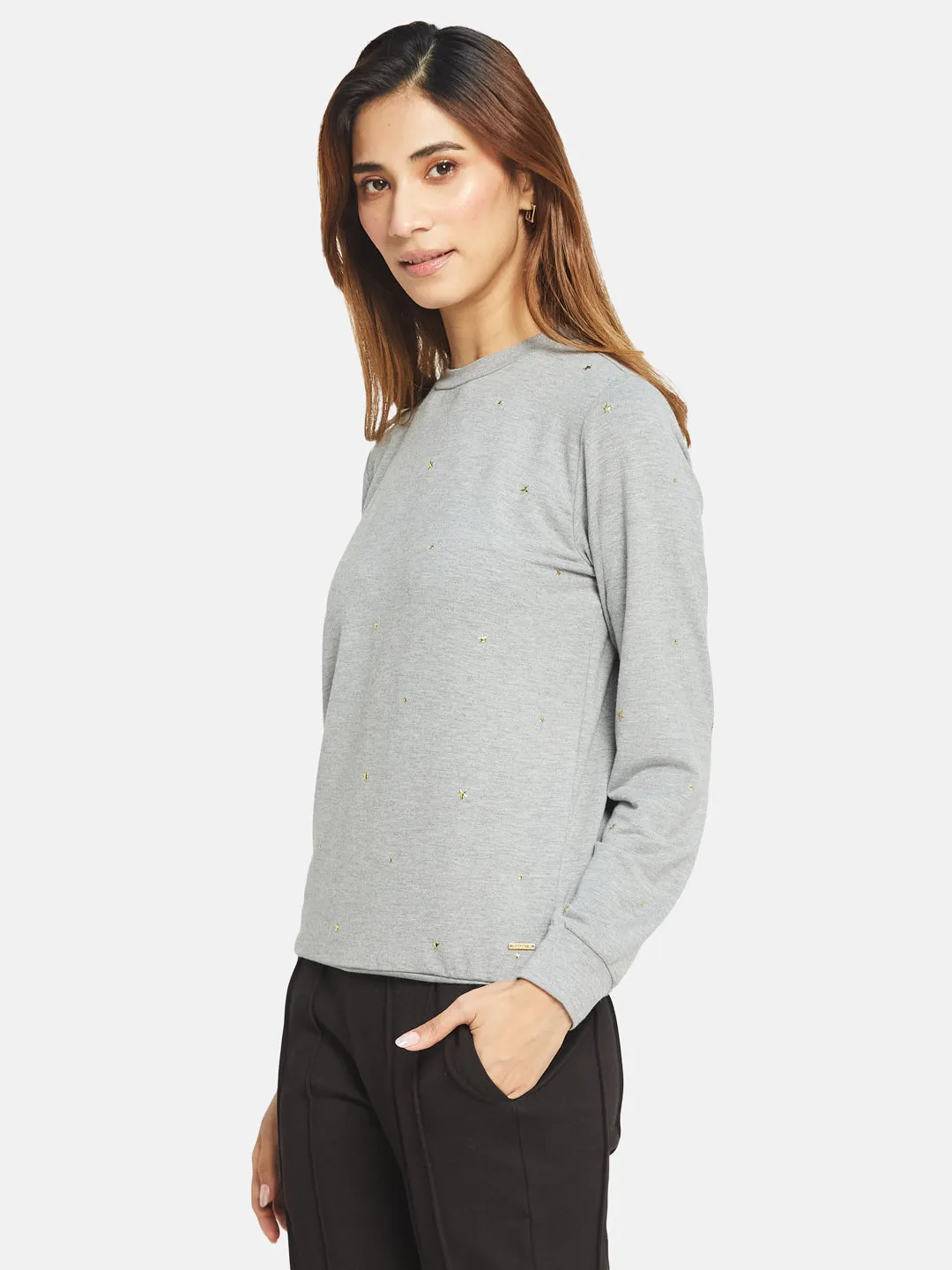 COTTON RICH STAR STUDDED SWEATSHIRT- HEATHER GREY