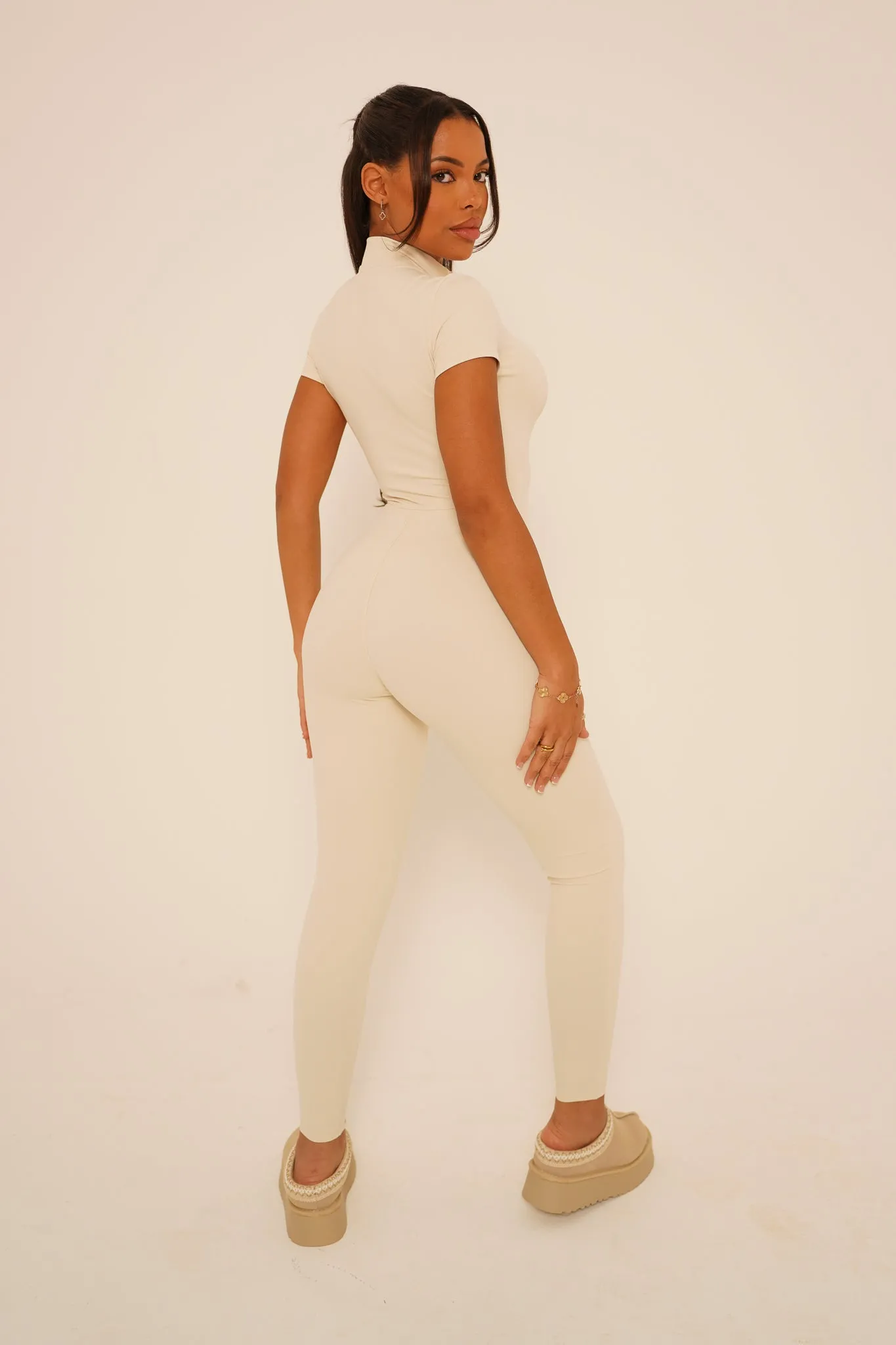 Cream Short Sleeve Jumpsuit