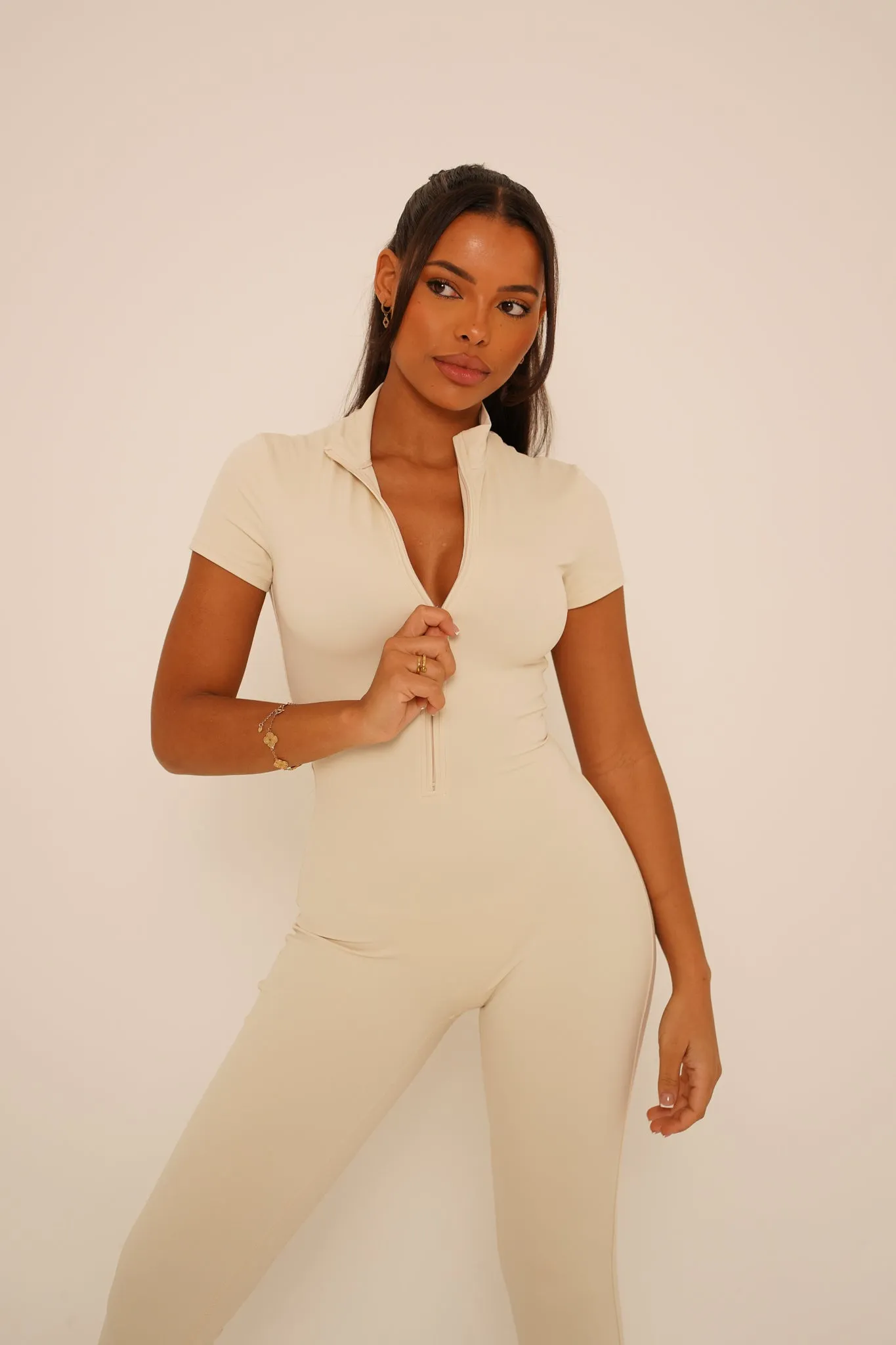Cream Short Sleeve Jumpsuit