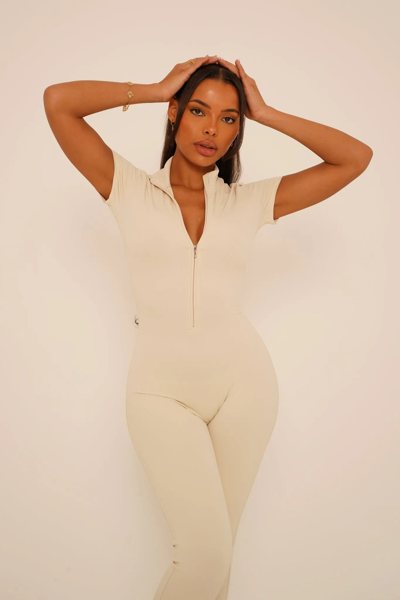 Cream Short Sleeve Jumpsuit