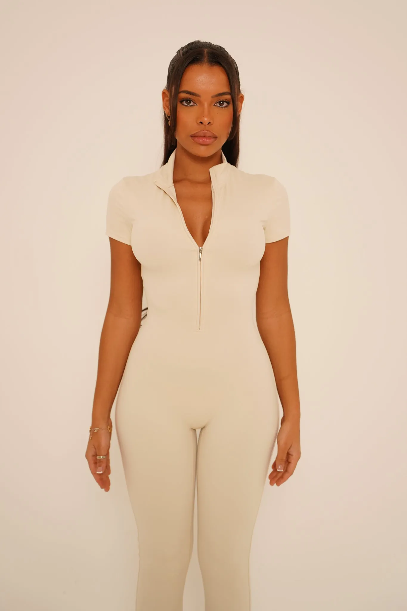 Cream Short Sleeve Jumpsuit
