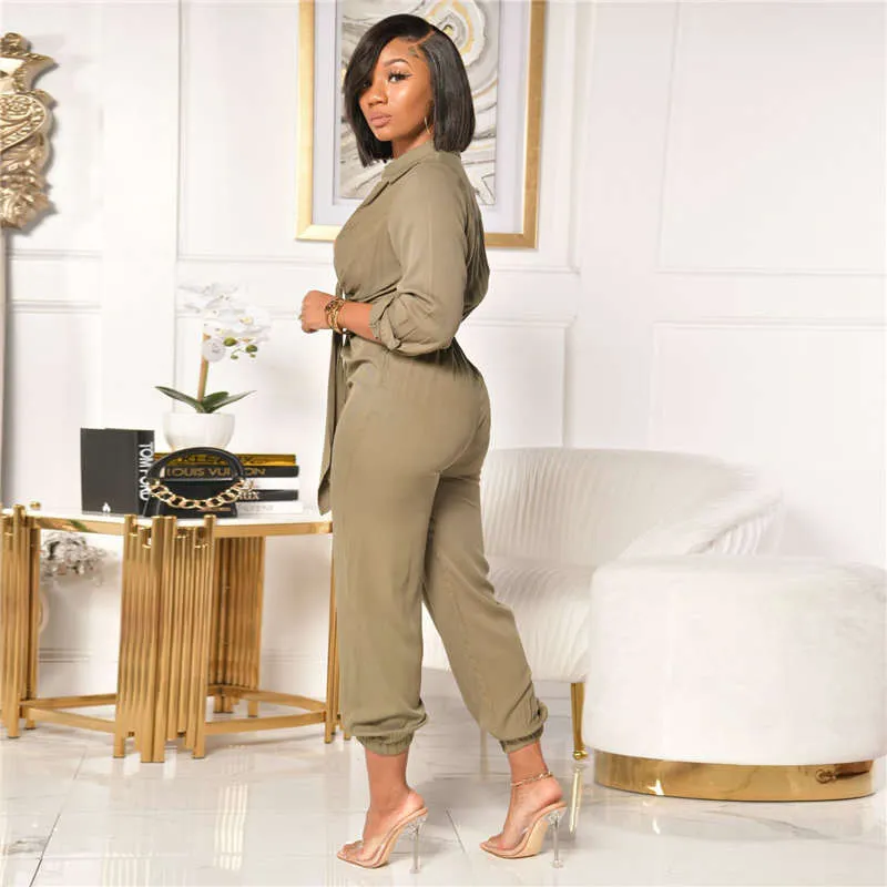 Darya Long Sleeve Plunge Tie Front Ruched Jogger Jumpsuit