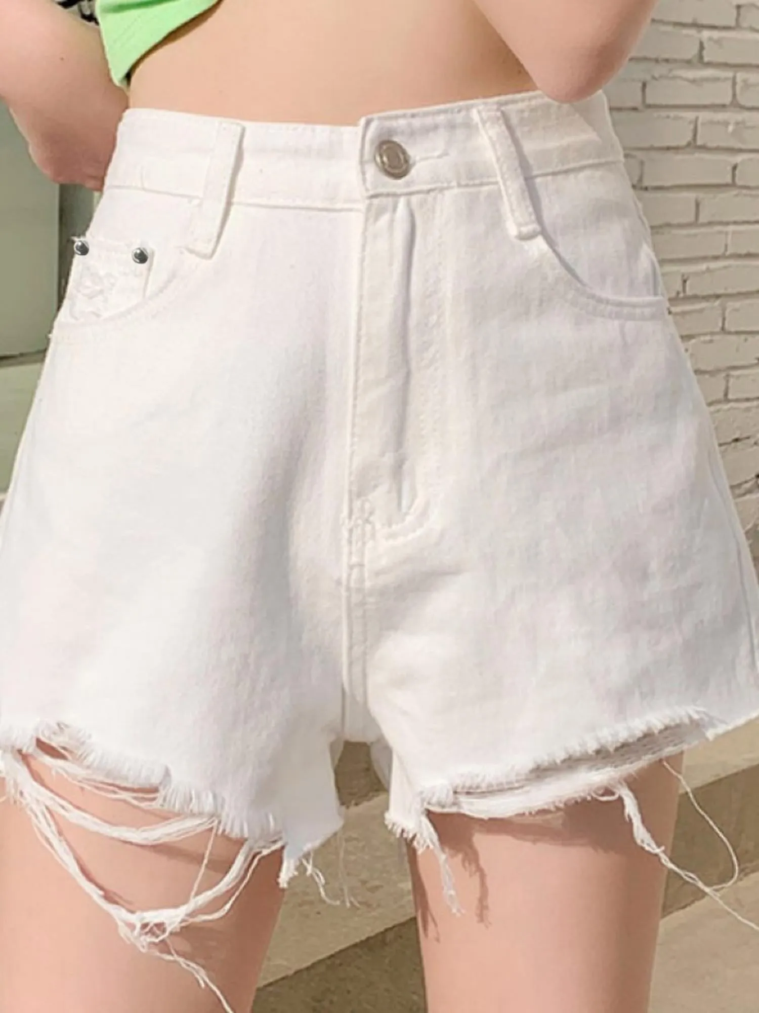 Distressed White Denim Shorts