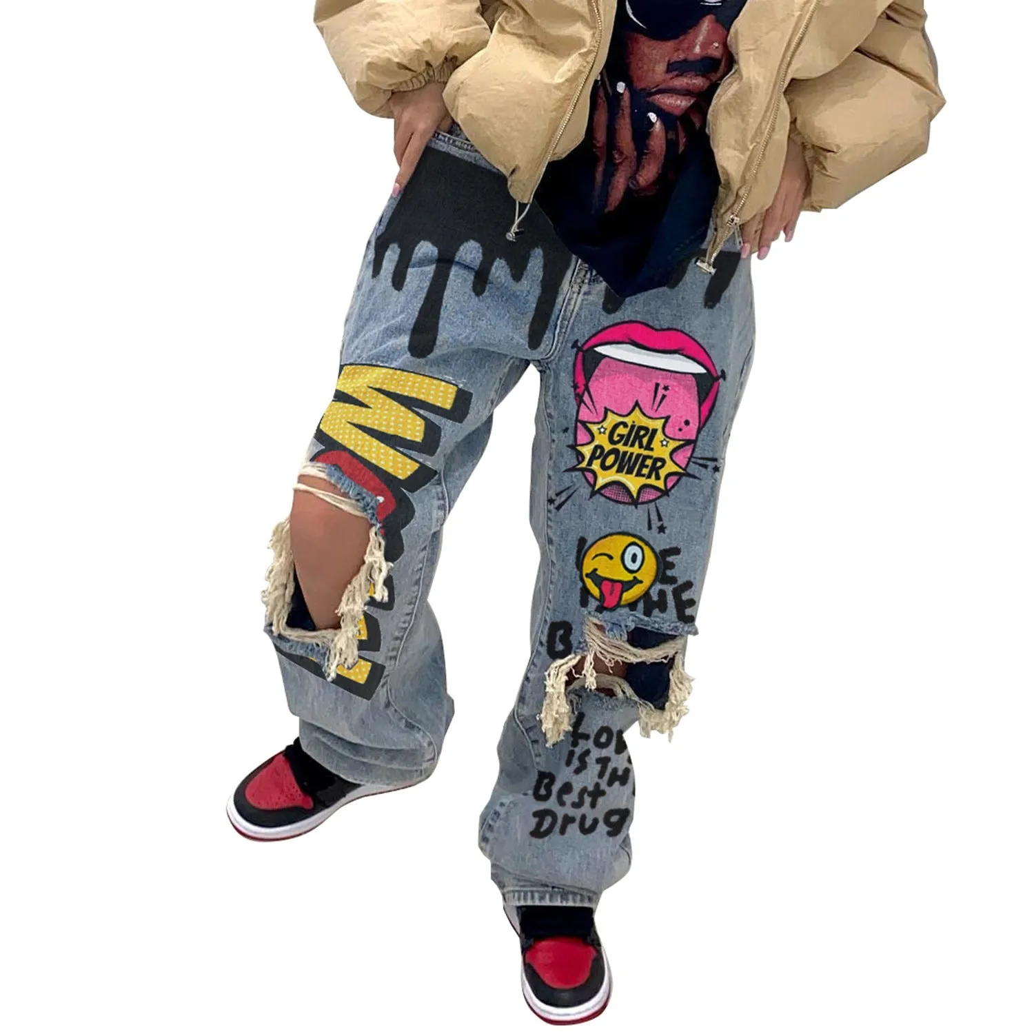 Edgy and Stylish Ripped Printed Cargo Denim Pants