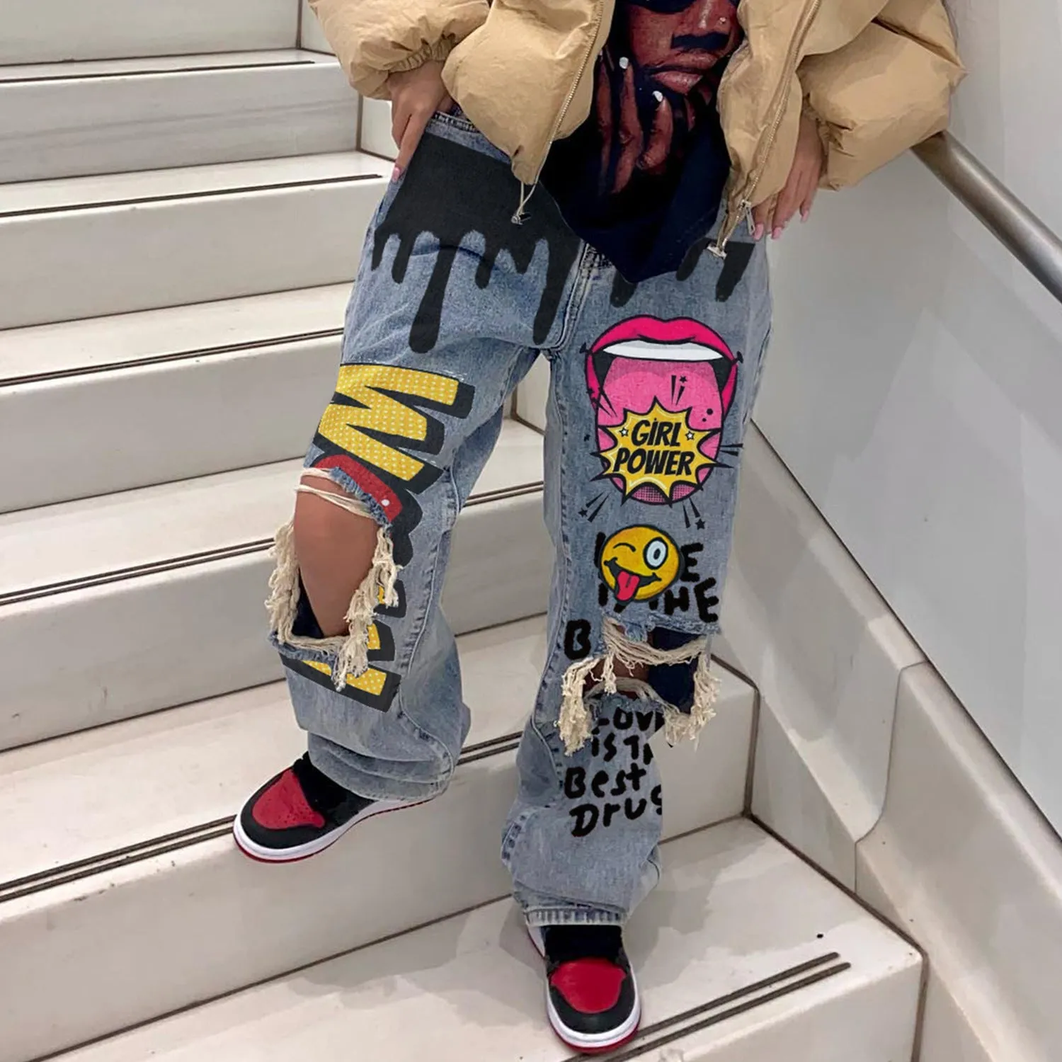 Edgy and Stylish Ripped Printed Cargo Denim Pants