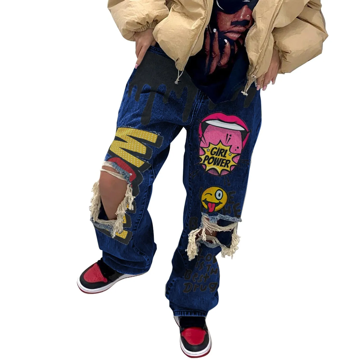 Edgy and Stylish Ripped Printed Cargo Denim Pants