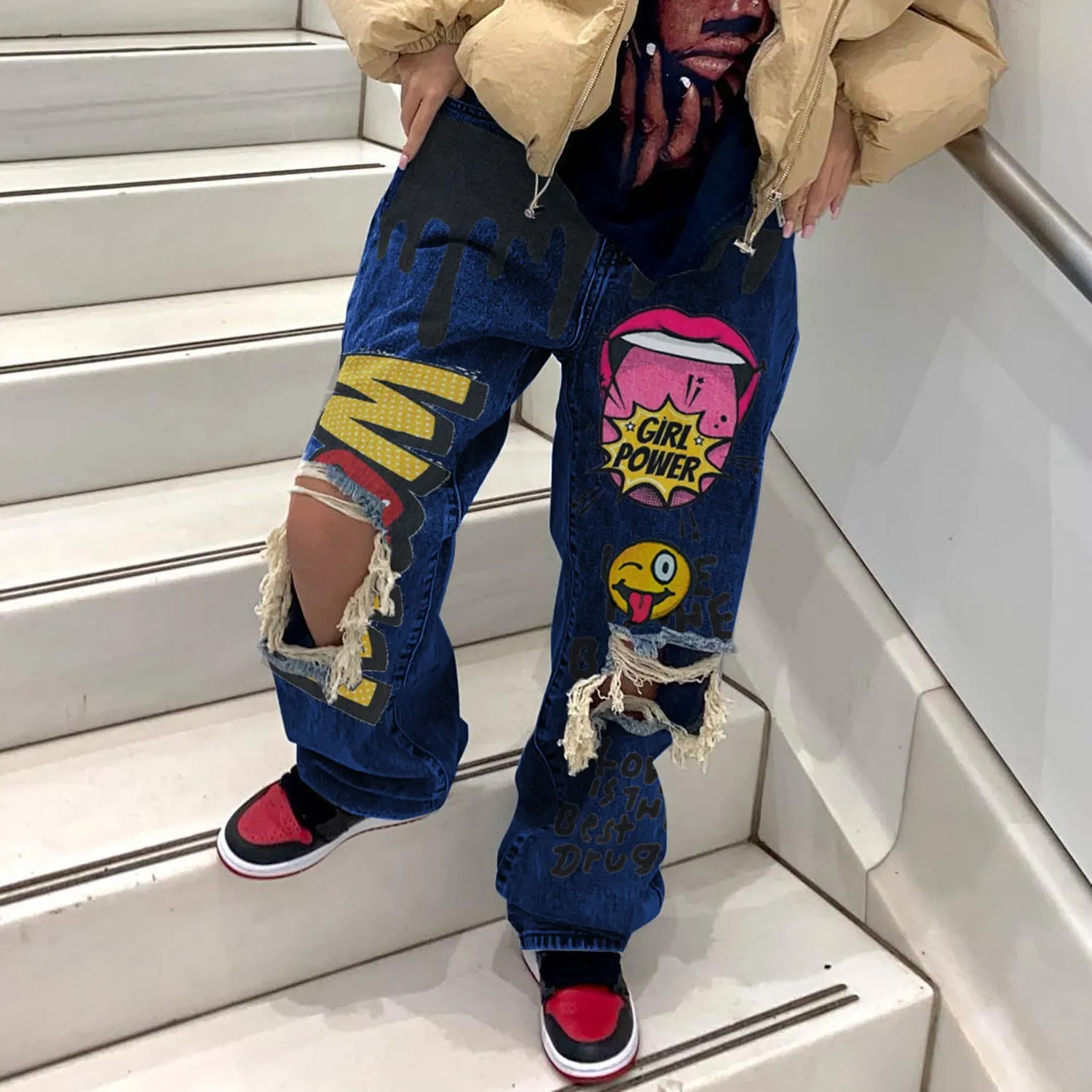 Edgy and Stylish Ripped Printed Cargo Denim Pants