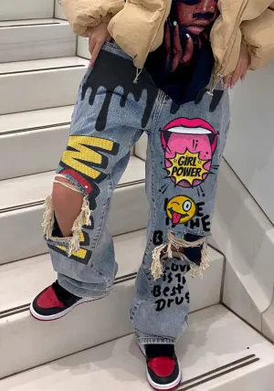 Edgy and Stylish Ripped Printed Cargo Denim Pants