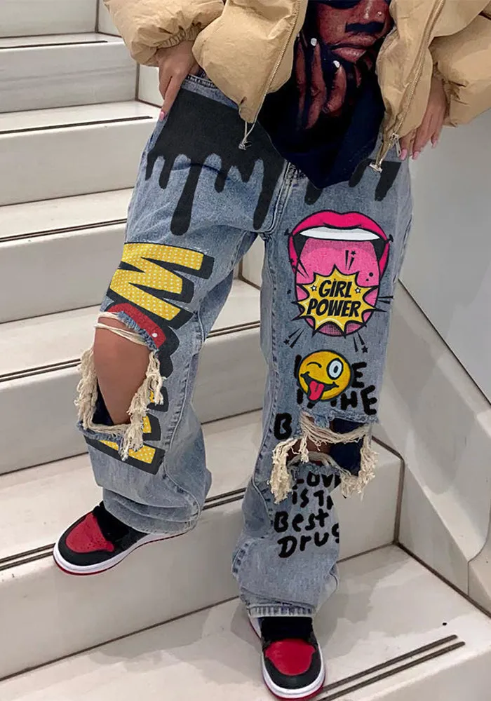 Edgy and Stylish Ripped Printed Cargo Denim Pants