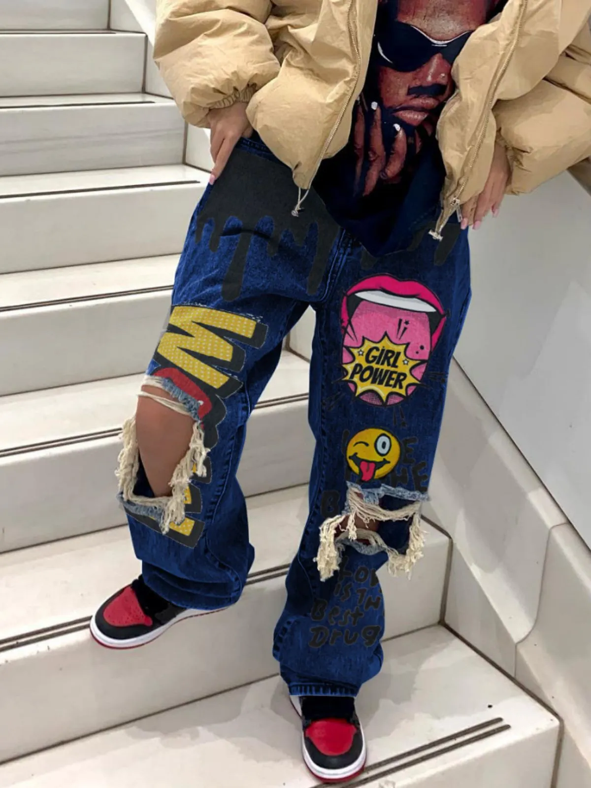 Edgy and Stylish Ripped Printed Cargo Denim Pants