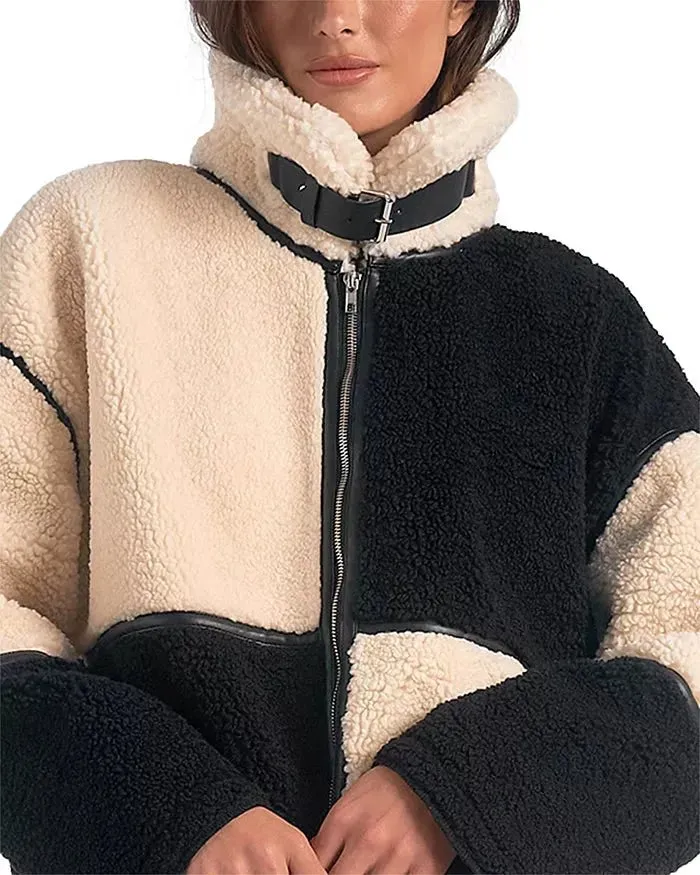 Elan Faux Shearling Color Blocked Coat in Black/White