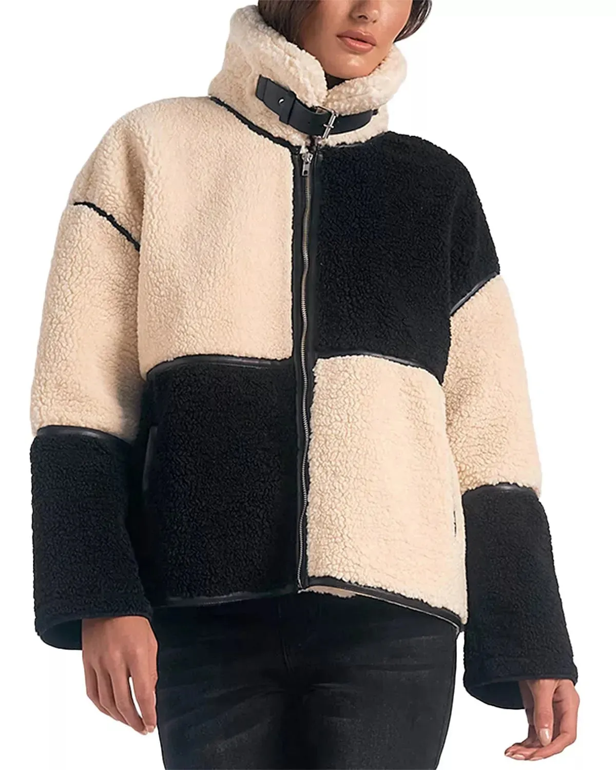 Elan Faux Shearling Color Blocked Coat in Black/White