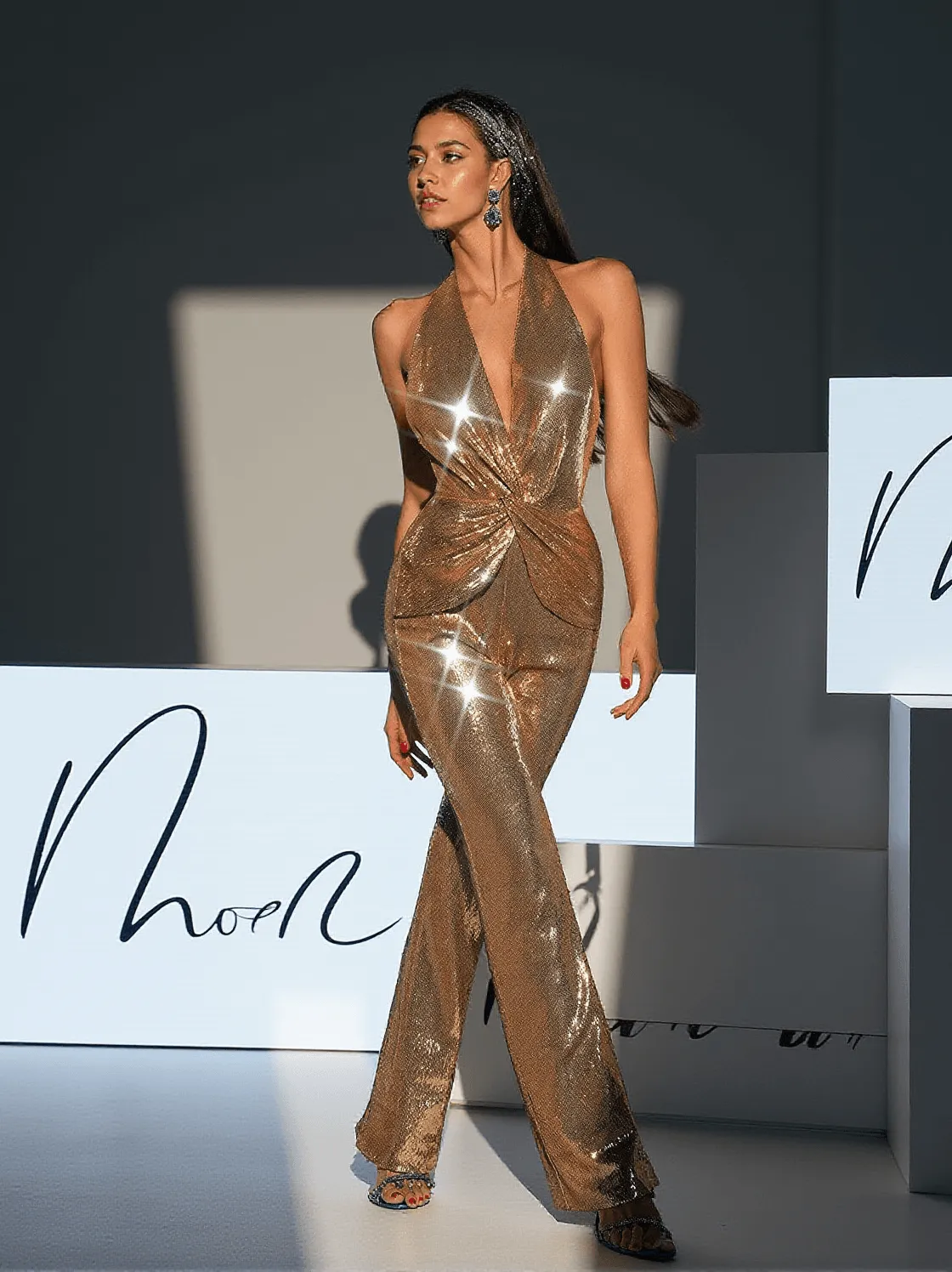 Enoch Backless Twisted Sequin Jumpsuit