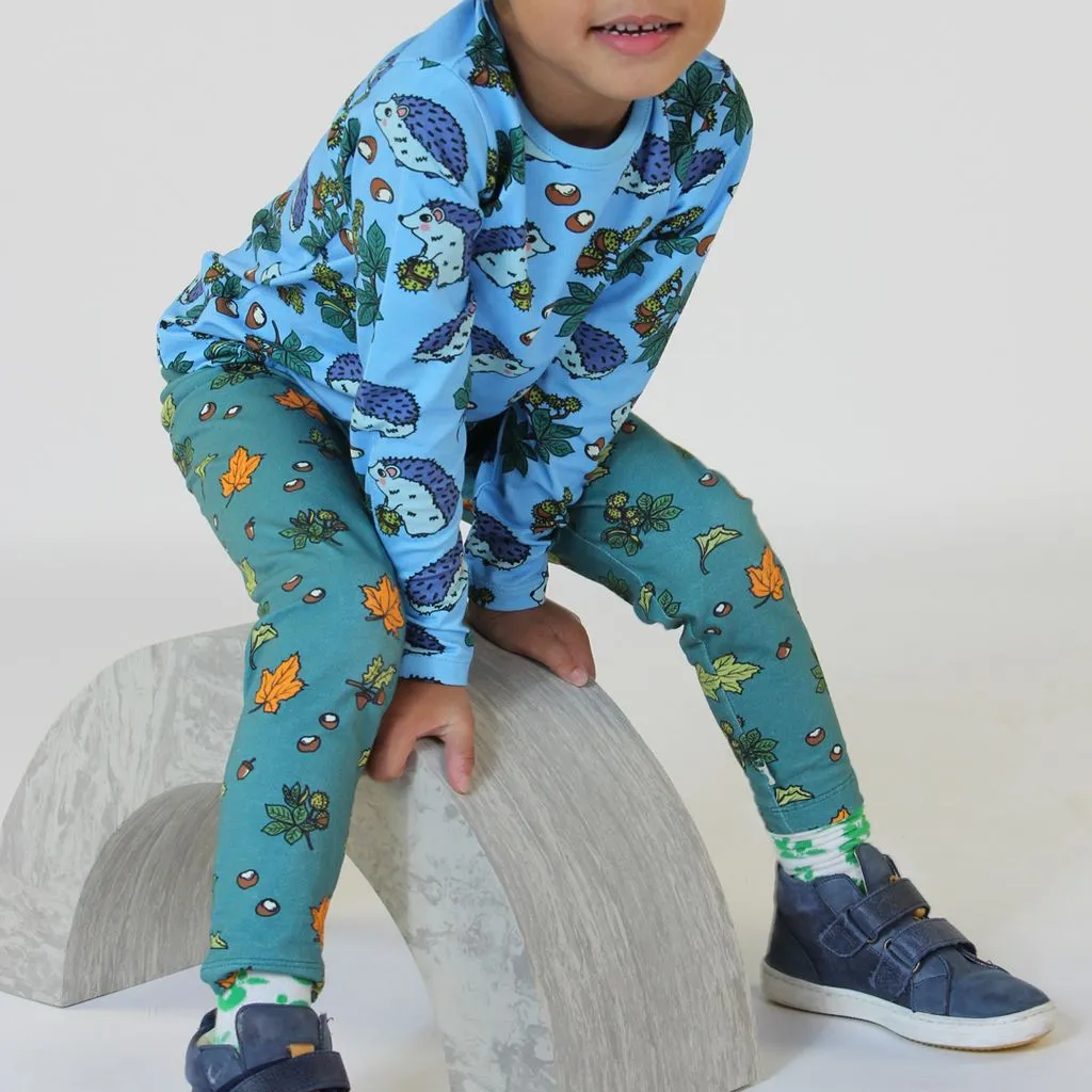 Fall Leaves Leggings in Petroleum Green - 2 Left Size 4-5 & 5-6 years