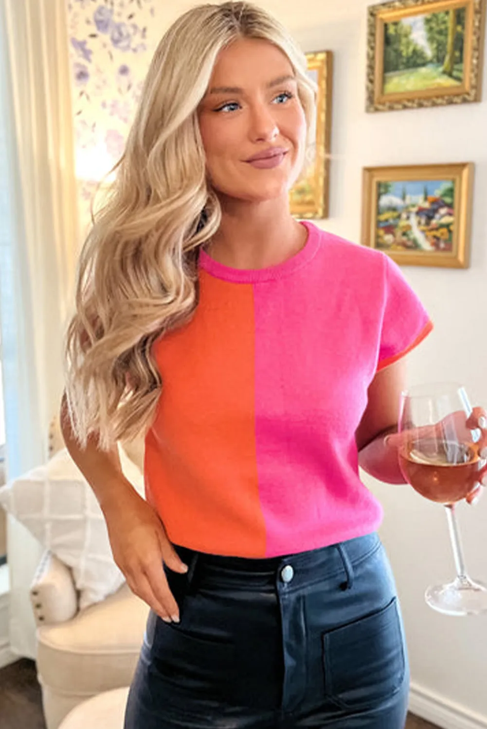 Flamingo 2-tone Color Block Knit Cap Sleeve Top