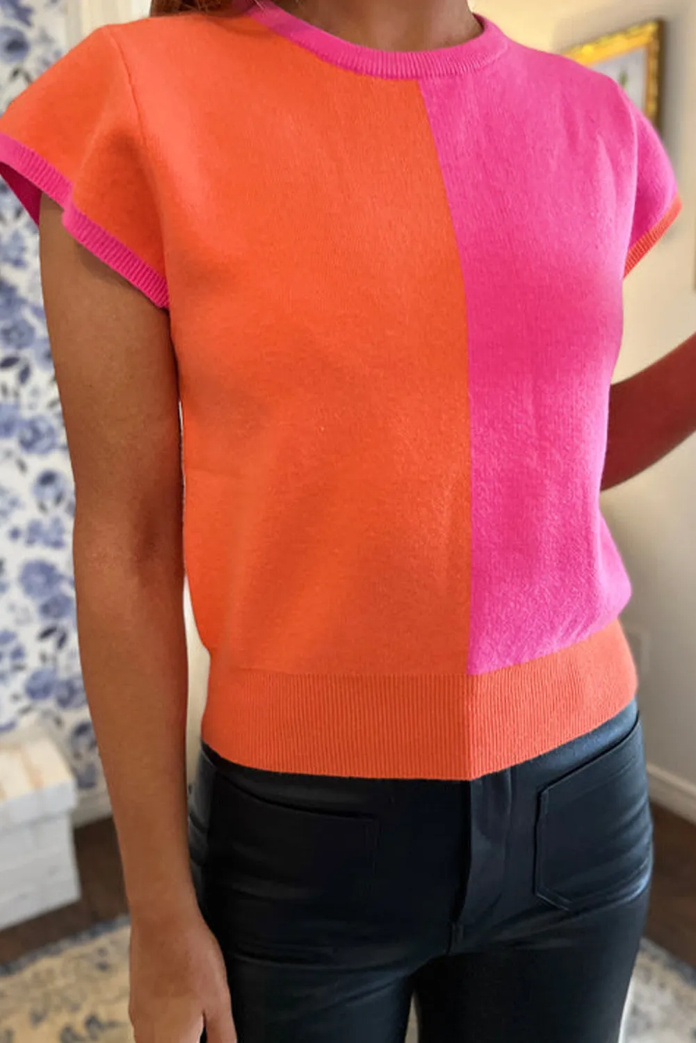 Flamingo 2-tone Color Block Knit Cap Sleeve Top