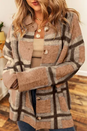 Flaxen Fuzzy Plaid Collared Button Up Cardigan