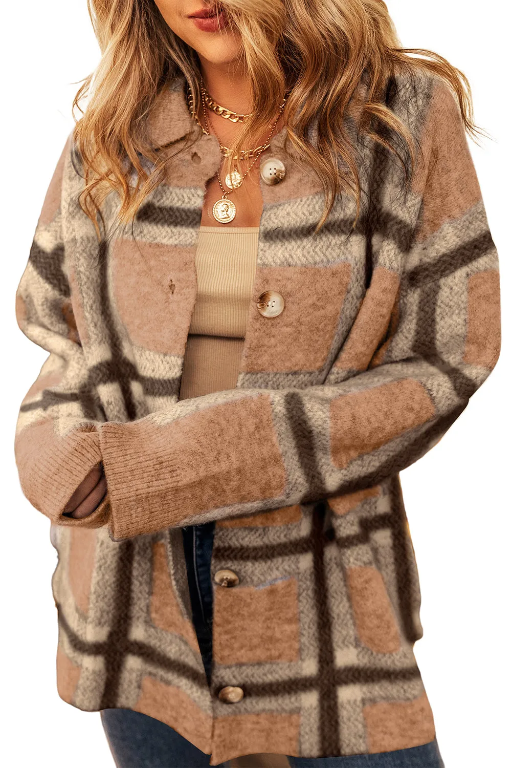 Flaxen Fuzzy Plaid Collared Button Up Cardigan