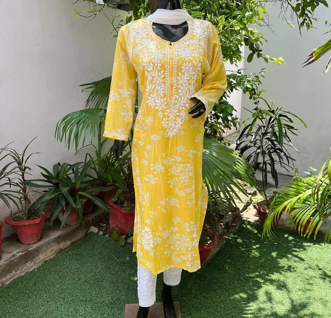 Floral Orange Lucknowi Chikankari Kurti Set In Mulmul Cotton