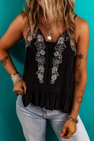 Floral Ruffled Hem Embroidery Cami