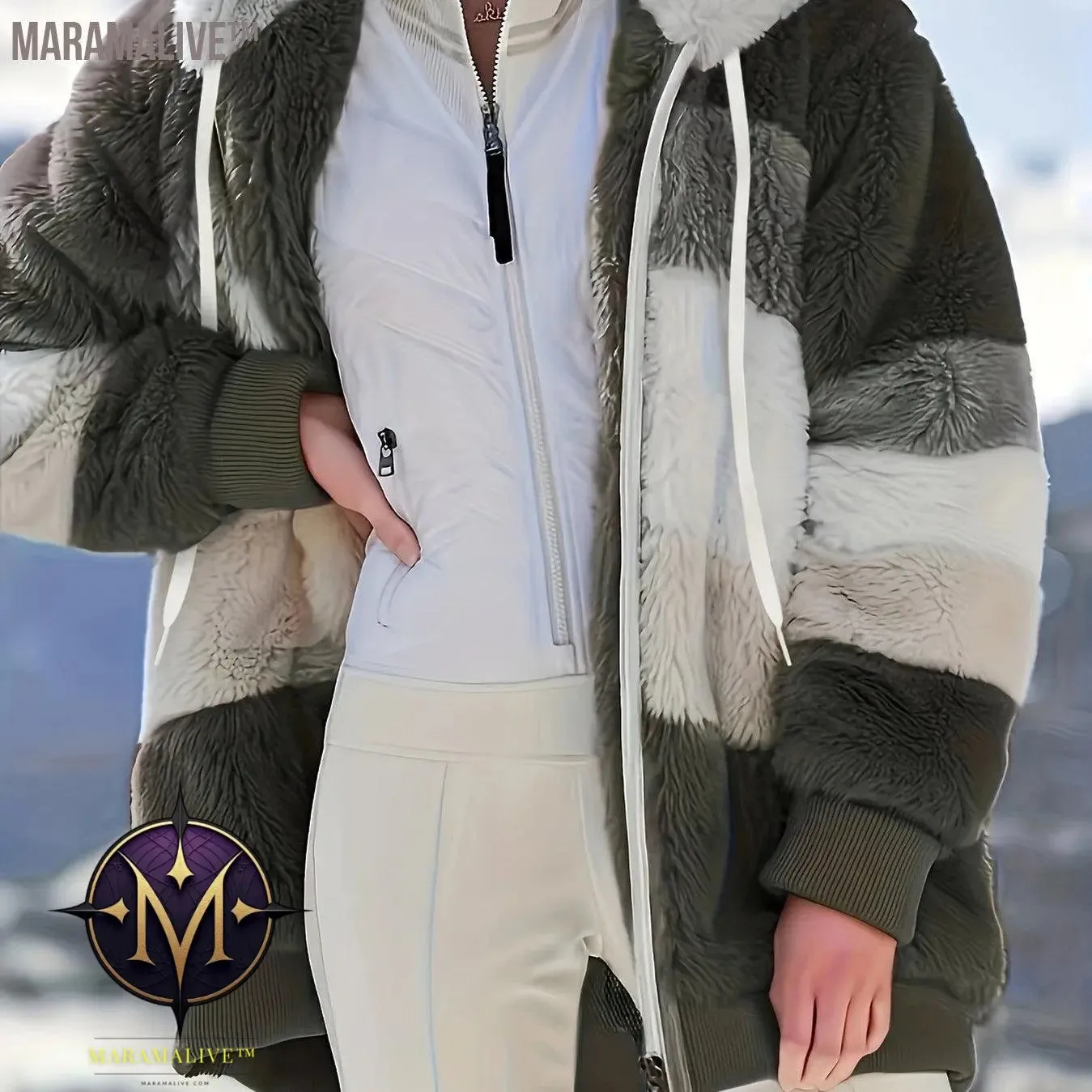 Fuzzy Color Block Coat, Casual Hooded Zip Up Drawstring Long Sleeve Outerwear, Women's Clothing