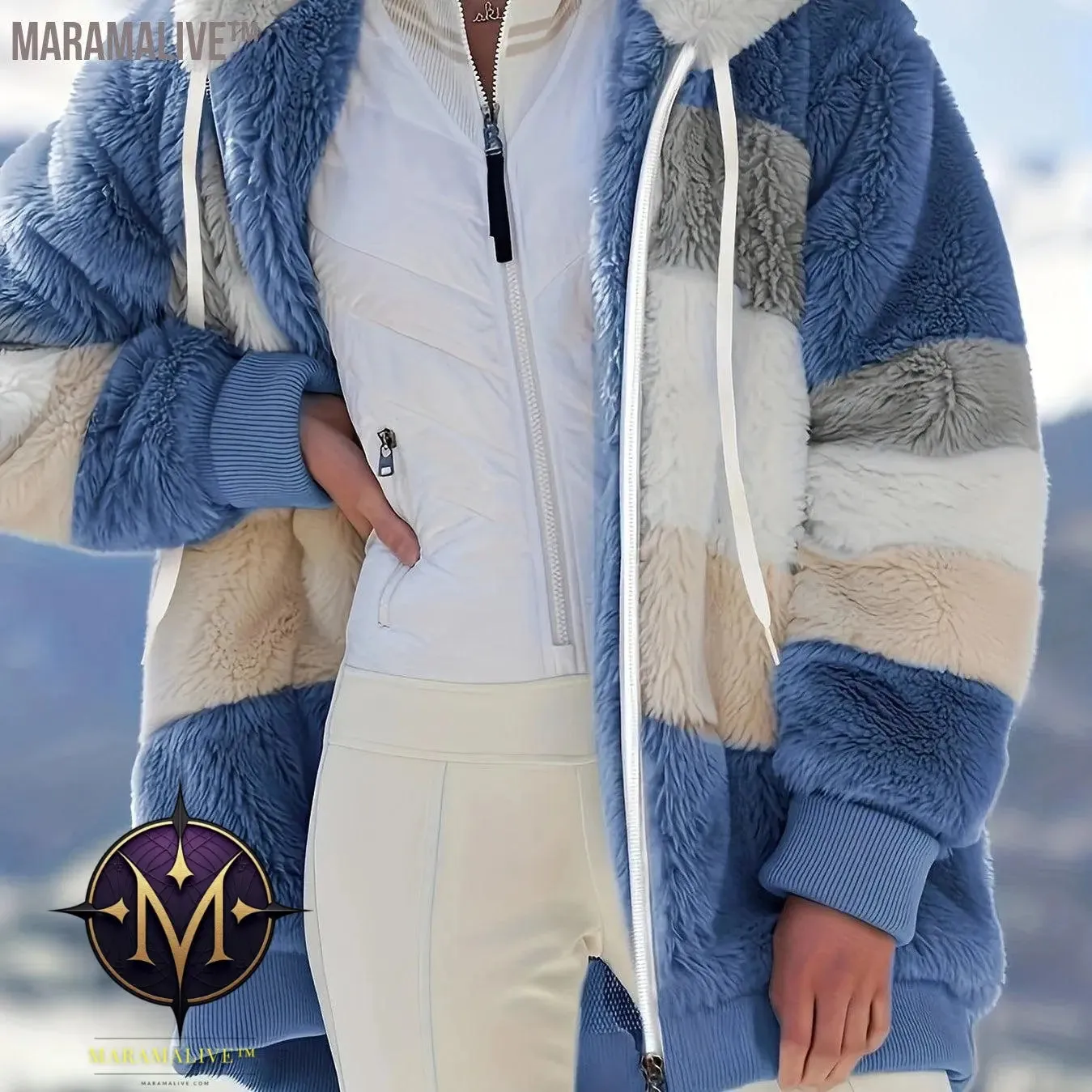 Fuzzy Color Block Coat, Casual Hooded Zip Up Drawstring Long Sleeve Outerwear, Women's Clothing