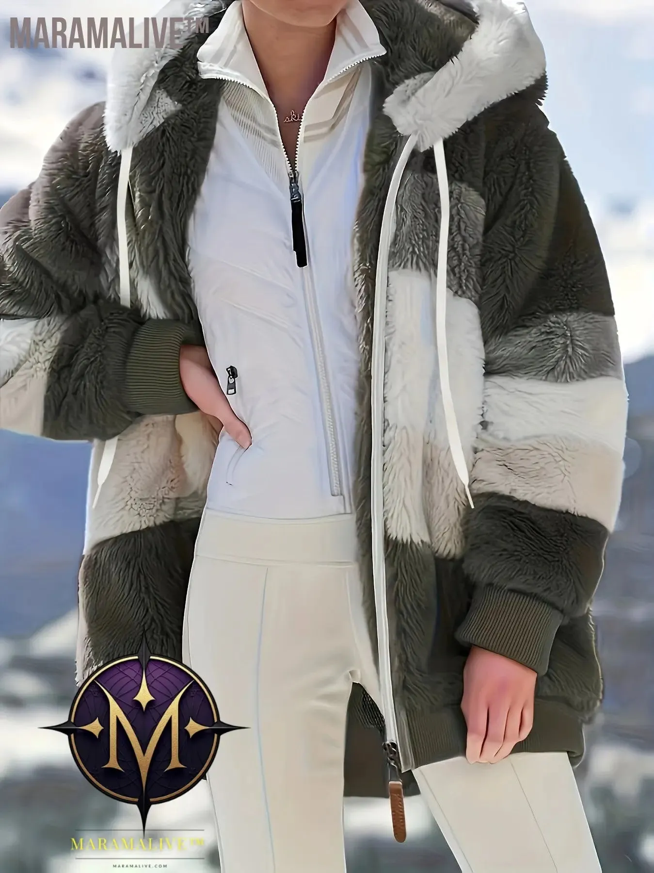 Fuzzy Color Block Coat, Casual Hooded Zip Up Drawstring Long Sleeve Outerwear, Women's Clothing