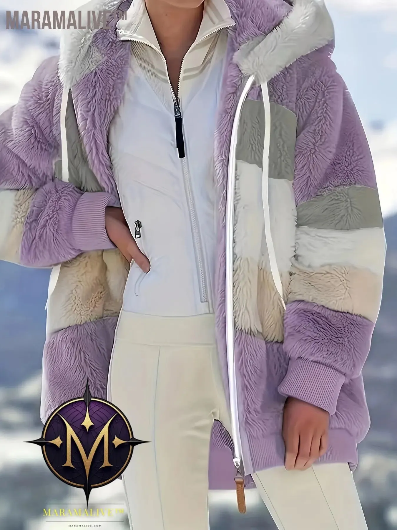 Fuzzy Color Block Coat, Casual Hooded Zip Up Drawstring Long Sleeve Outerwear, Women's Clothing