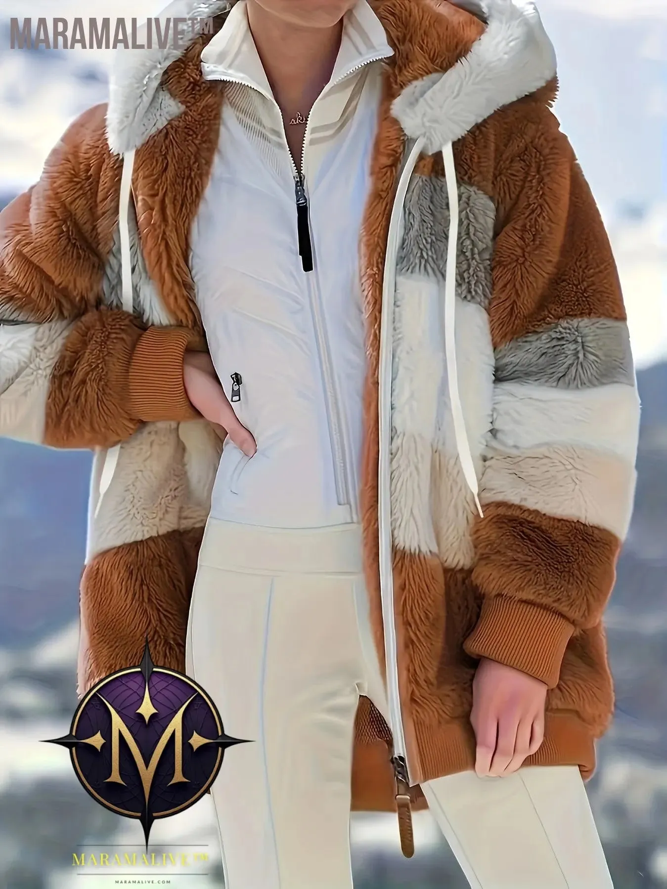 Fuzzy Color Block Coat, Casual Hooded Zip Up Drawstring Long Sleeve Outerwear, Women's Clothing