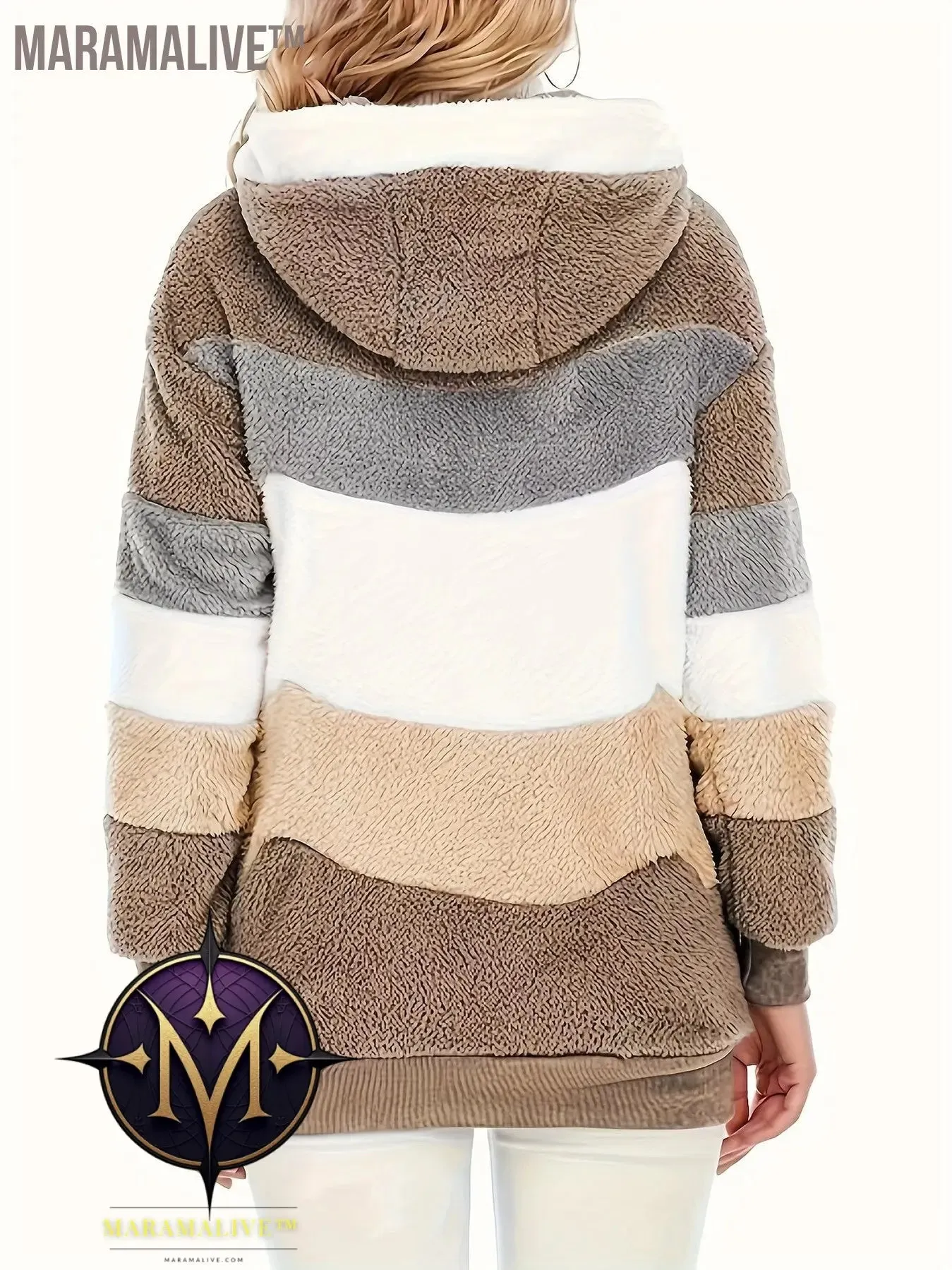 Fuzzy Color Block Coat, Casual Hooded Zip Up Drawstring Long Sleeve Outerwear, Women's Clothing