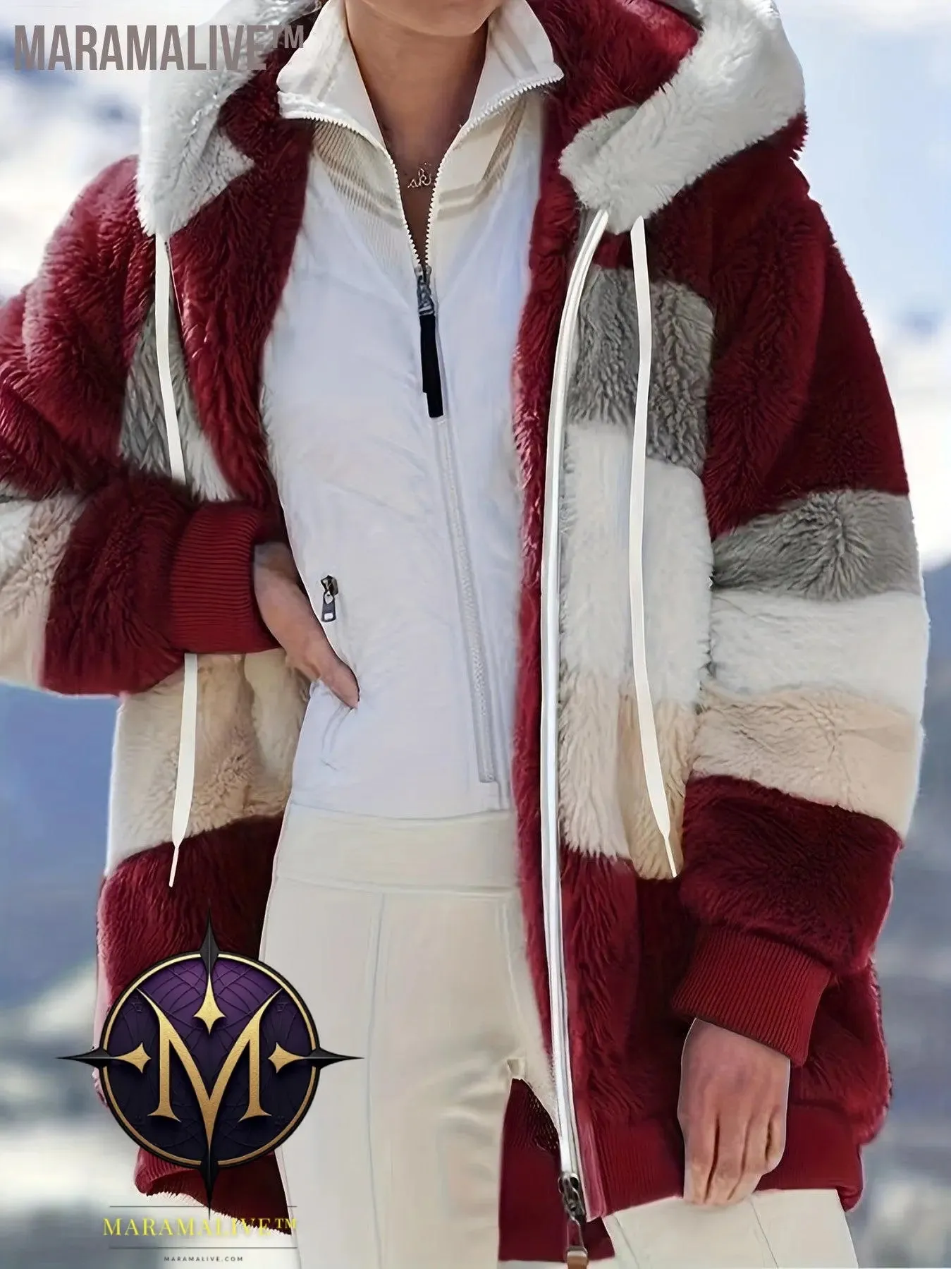 Fuzzy Color Block Coat, Casual Hooded Zip Up Drawstring Long Sleeve Outerwear, Women's Clothing