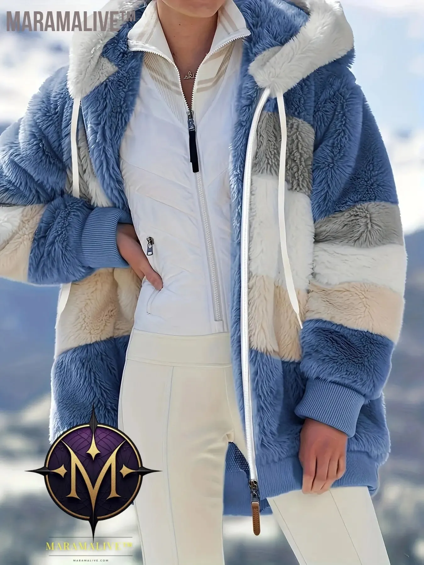 Fuzzy Color Block Coat, Casual Hooded Zip Up Drawstring Long Sleeve Outerwear, Women's Clothing