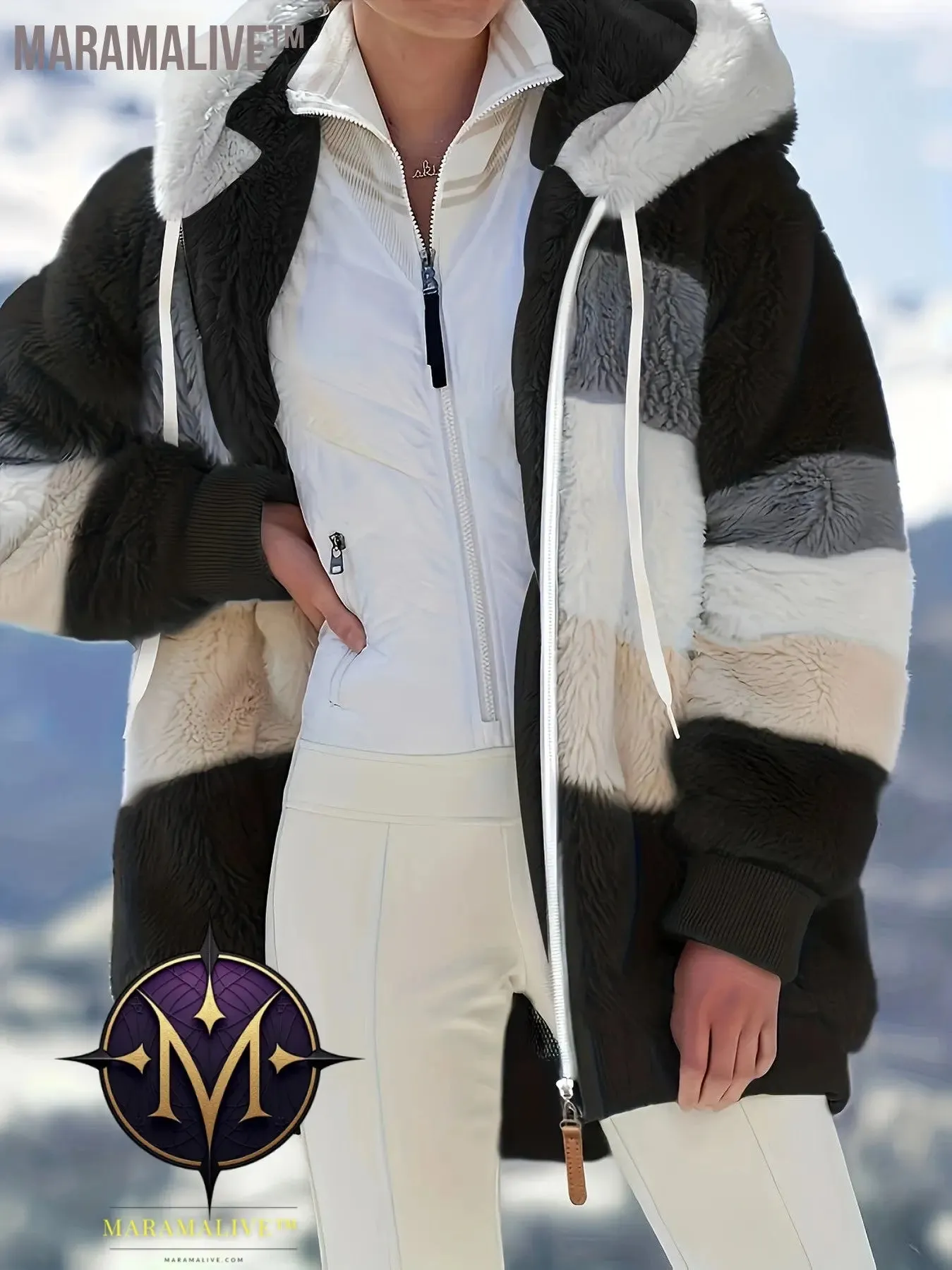 Fuzzy Color Block Coat, Casual Hooded Zip Up Drawstring Long Sleeve Outerwear, Women's Clothing