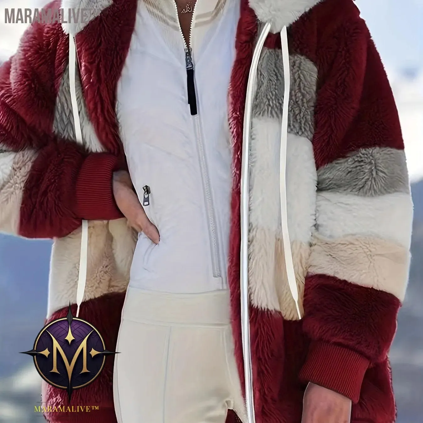 Fuzzy Color Block Coat, Casual Hooded Zip Up Drawstring Long Sleeve Outerwear, Women's Clothing