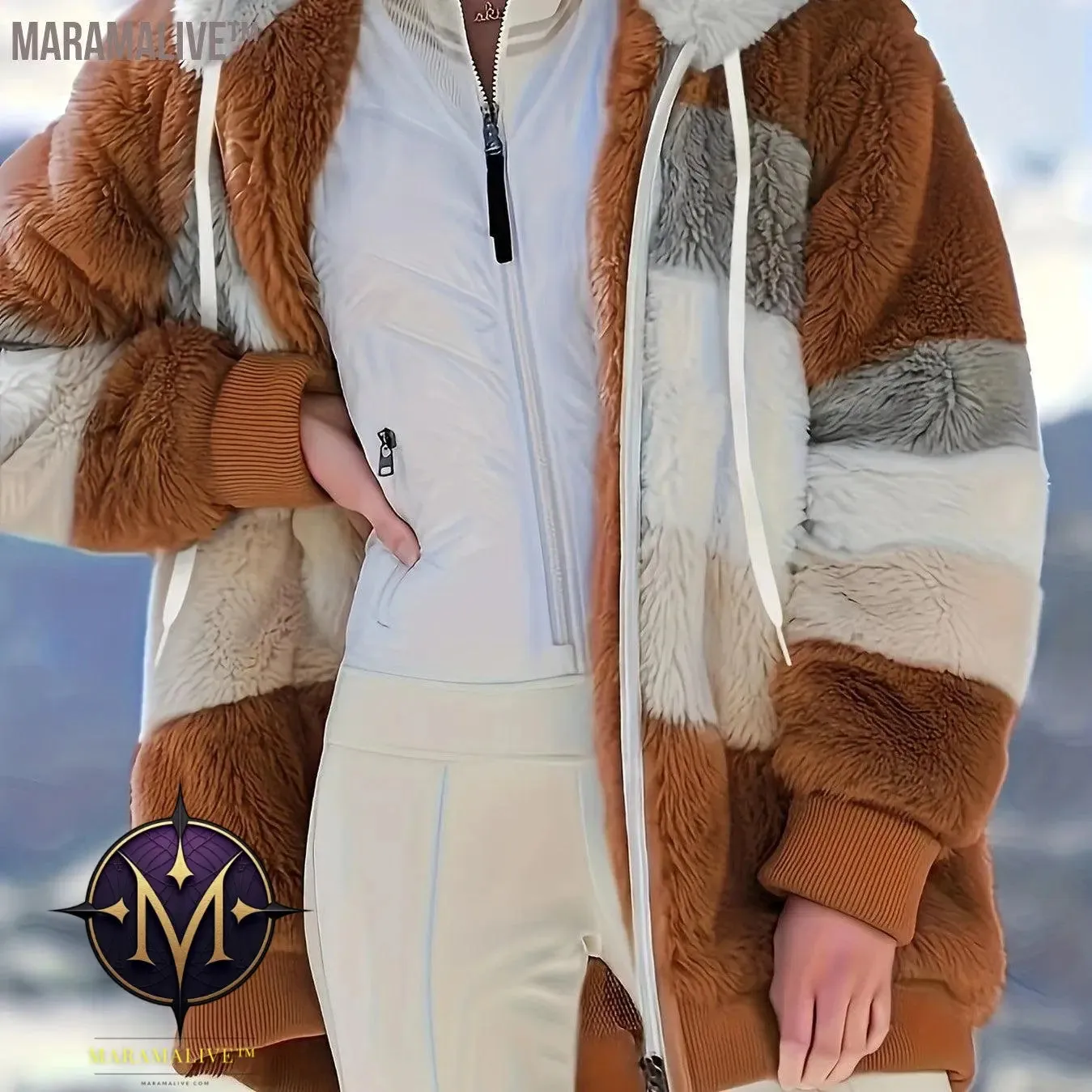 Fuzzy Color Block Coat, Casual Hooded Zip Up Drawstring Long Sleeve Outerwear, Women's Clothing