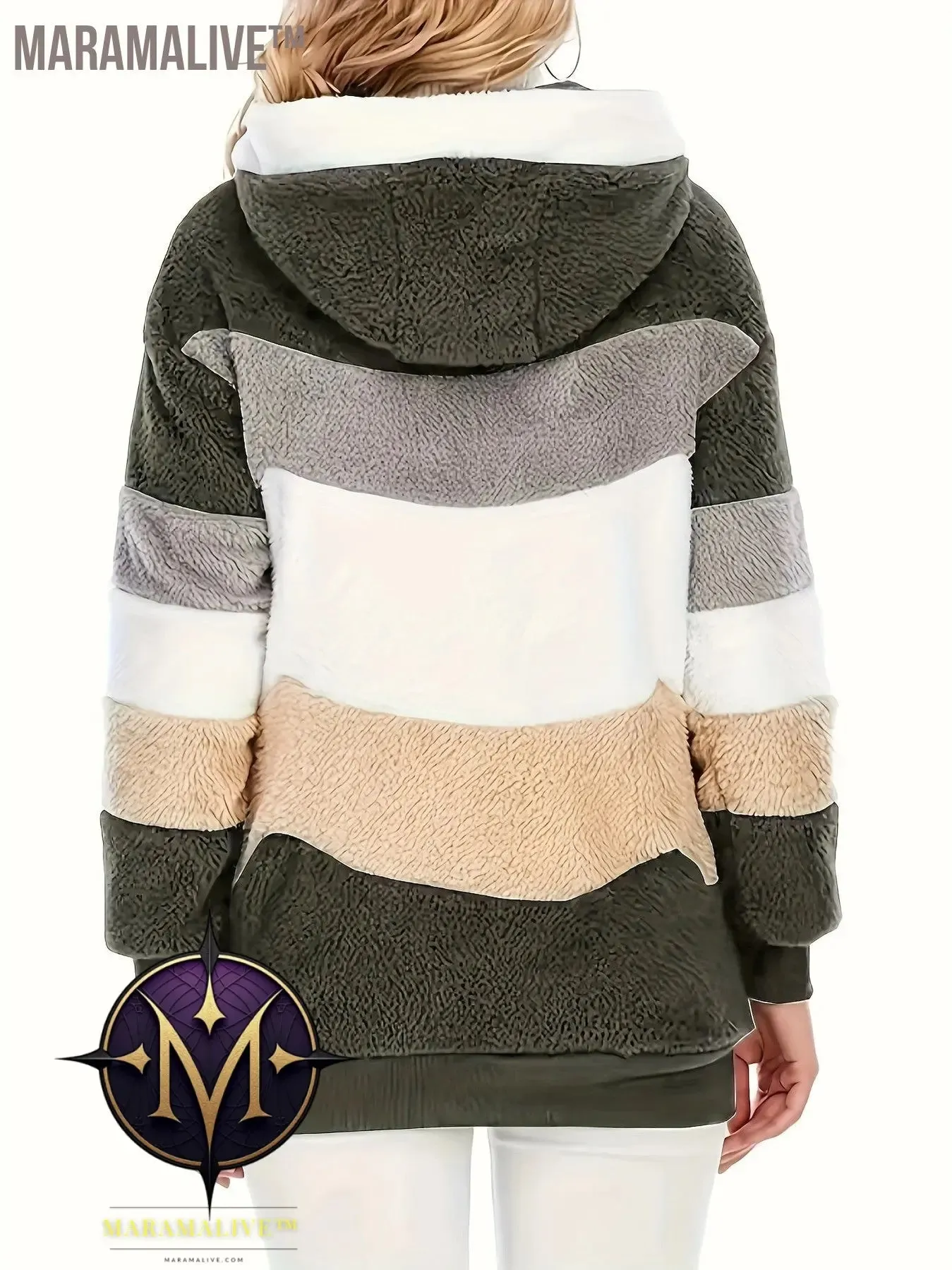 Fuzzy Color Block Coat, Casual Hooded Zip Up Drawstring Long Sleeve Outerwear, Women's Clothing