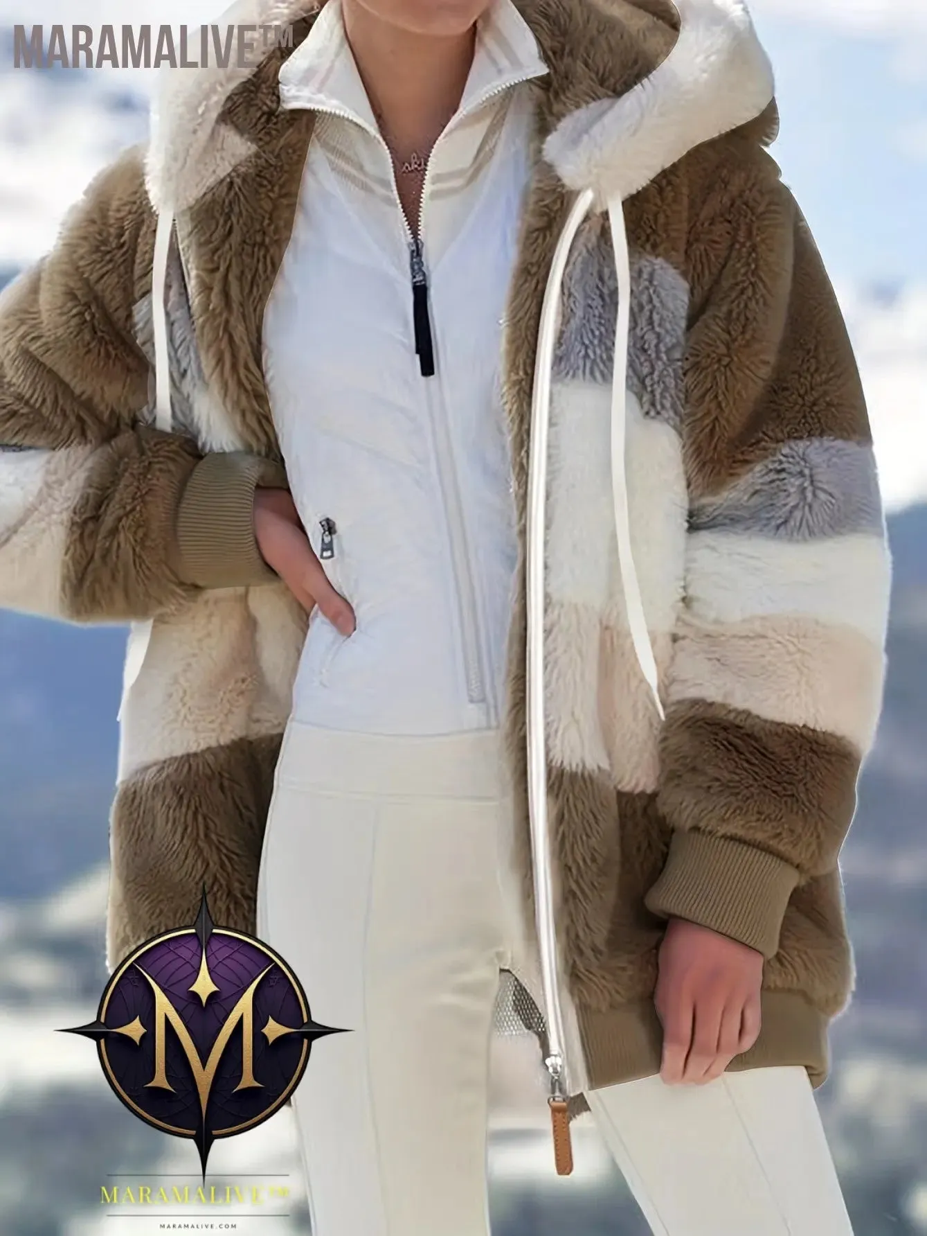 Fuzzy Color Block Coat, Casual Hooded Zip Up Drawstring Long Sleeve Outerwear, Women's Clothing