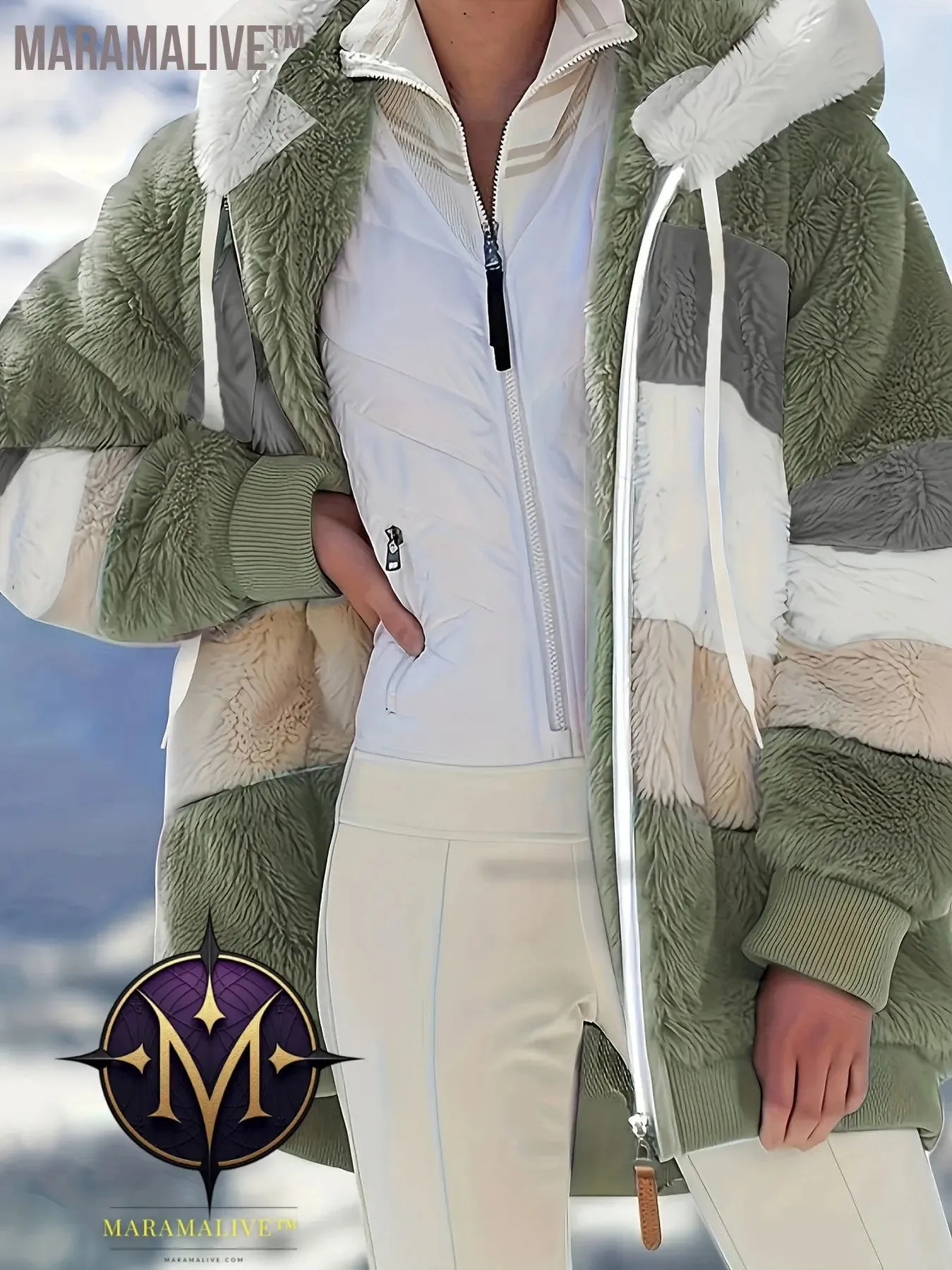 Fuzzy Color Block Coat, Casual Hooded Zip Up Drawstring Long Sleeve Outerwear, Women's Clothing