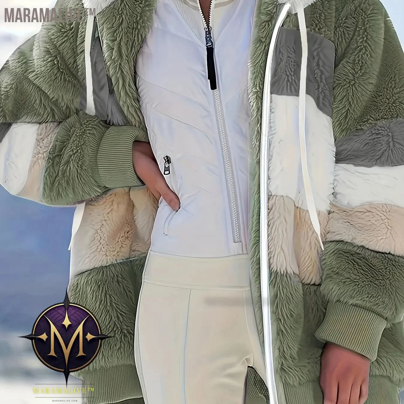 Fuzzy Color Block Coat, Casual Hooded Zip Up Drawstring Long Sleeve Outerwear, Women's Clothing